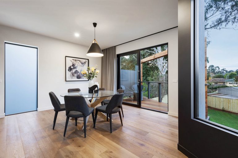 Views across the dining area and out to the balcony